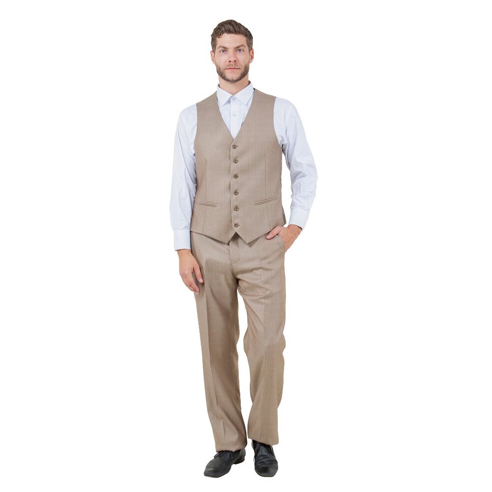 Modern Fit Sharkskin 3pc Men's Suit Set, Ground Stone - Picture 2 of 6